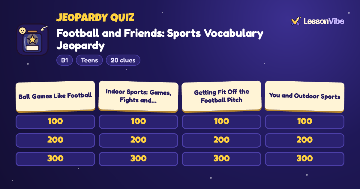 Jeopardy Quiz: Football and Friends: Sports Vocabulary Jeopardy (B1, Teens, 20 clues)