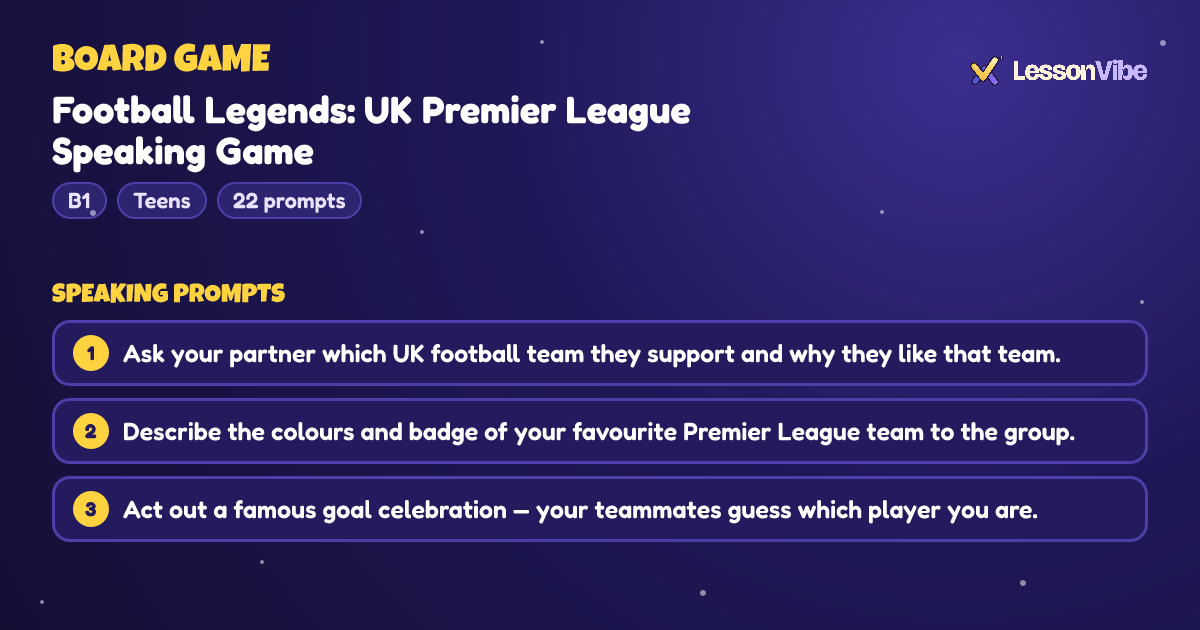 Board Game: Football Legends: UK Premier League Speaking Game (B1, Teens, 22 prompts)