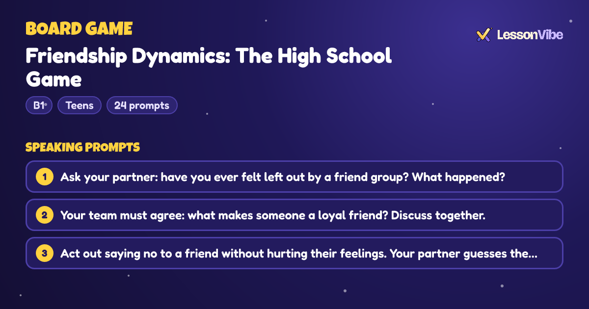 Board Game: Friendship Dynamics: The High School Game (B1, Teens, 24 prompts)