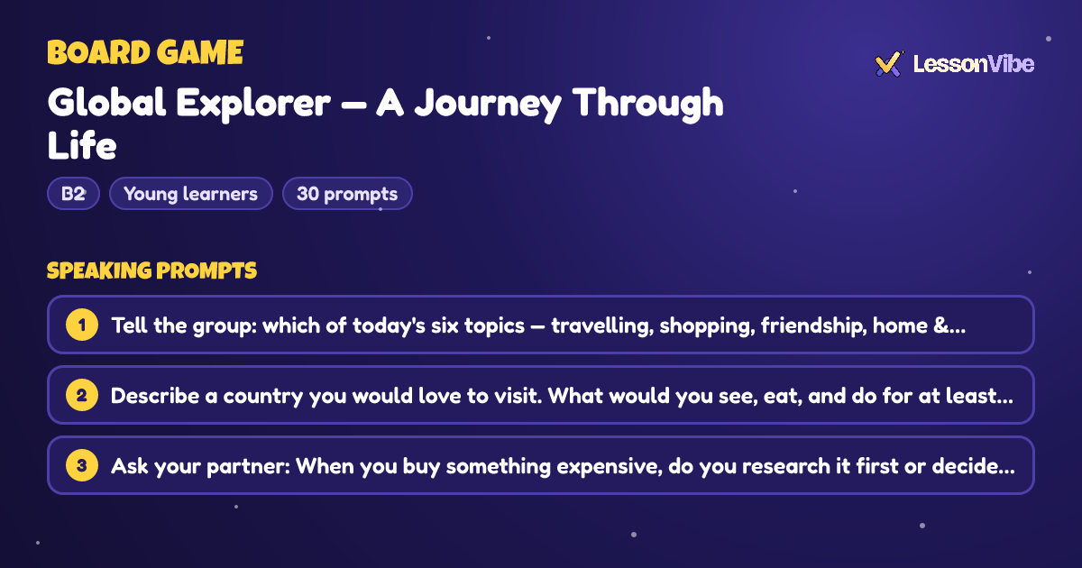 Board Game: Global Explorer — A Journey Through Life (B2, Young learners, 30 prompts)