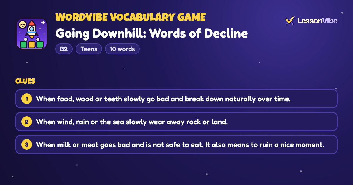 WordVibe Vocabulary Game: Going Downhill: Words of Decline (B2, Teens, 10 words)