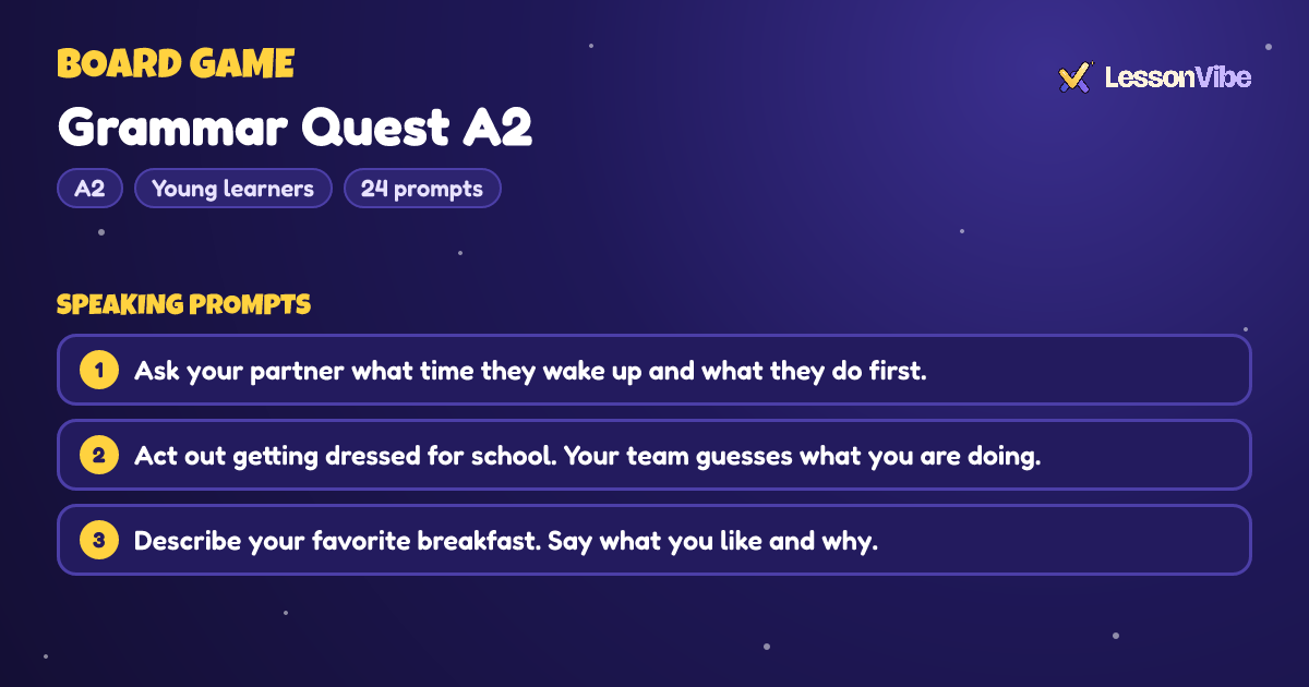 Board Game: Grammar Quest A2 (A2, Young learners, 24 prompts)