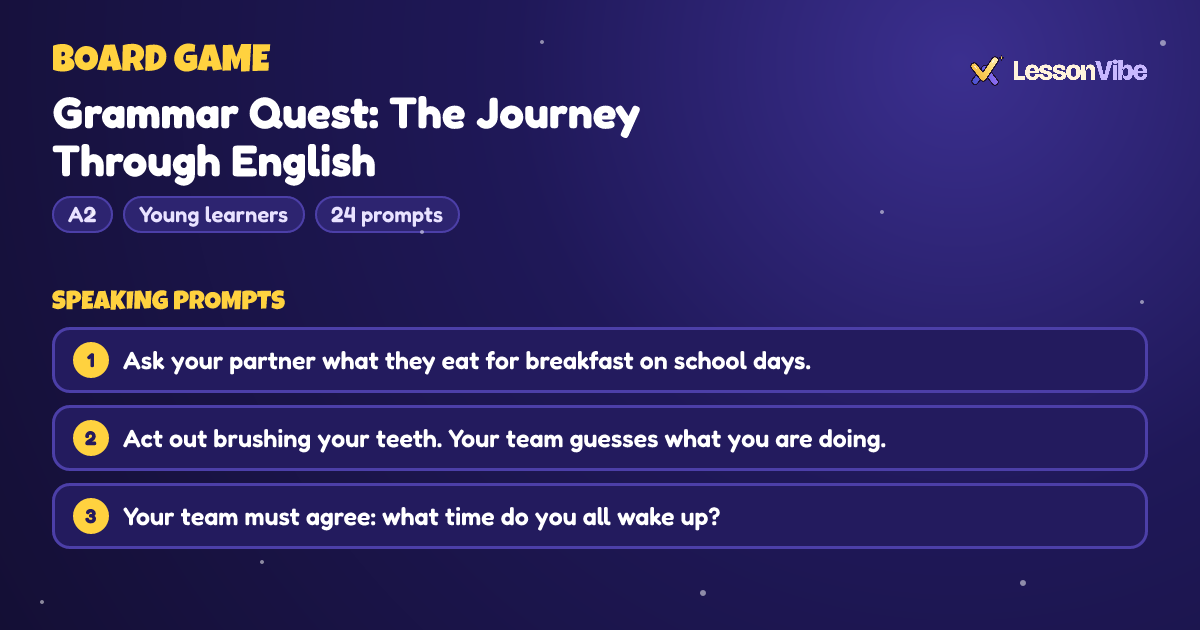 Board Game: Grammar Quest: The Journey Through English (A2, Young learners, 24 prompts)