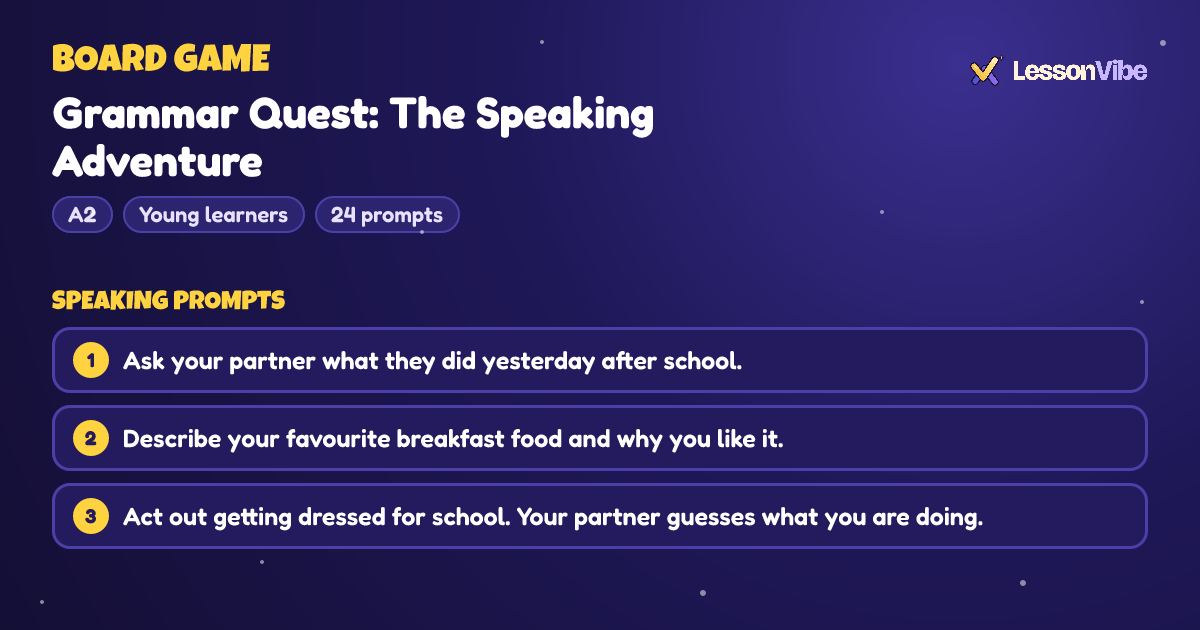Board Game: Grammar Quest: The Speaking Adventure (A2, Young learners, 24 prompts)