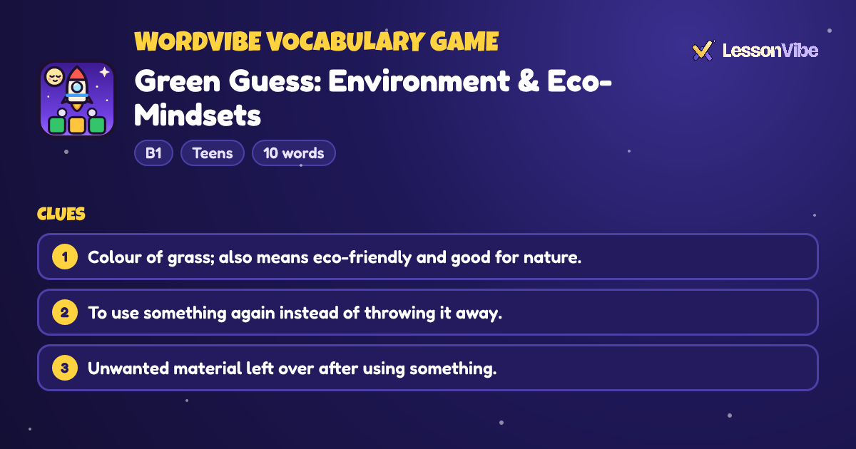 WordVibe Vocabulary Game: Green Guess: Environment & Eco-Mindsets (B1, Teens, 10 words)