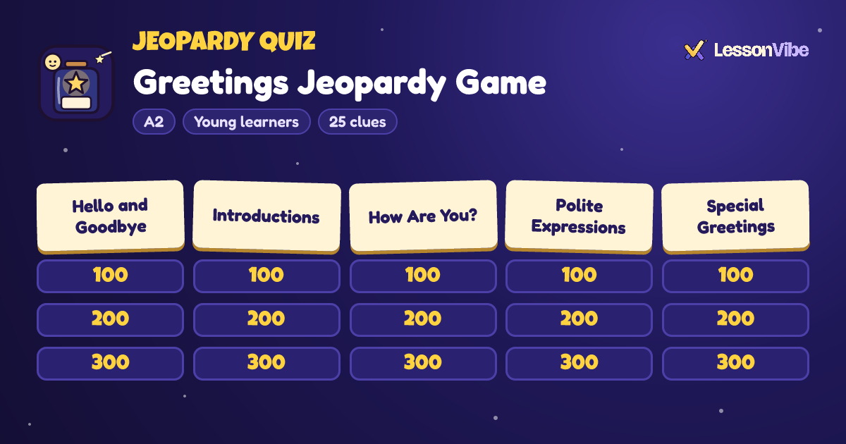 Jeopardy Quiz: Greetings Jeopardy Game (A2, Young learners, 25 clues)