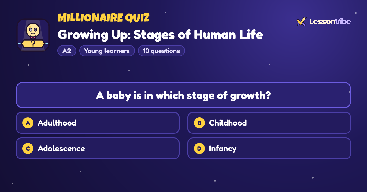 Millionaire Quiz: Growing Up: Stages of Human Life (A2, Young learners, 10 questions)