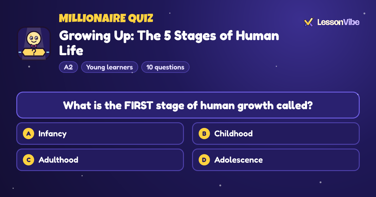 Millionaire Quiz: Growing Up: The 5 Stages of Human Life (A2, Young learners, 10 questions)