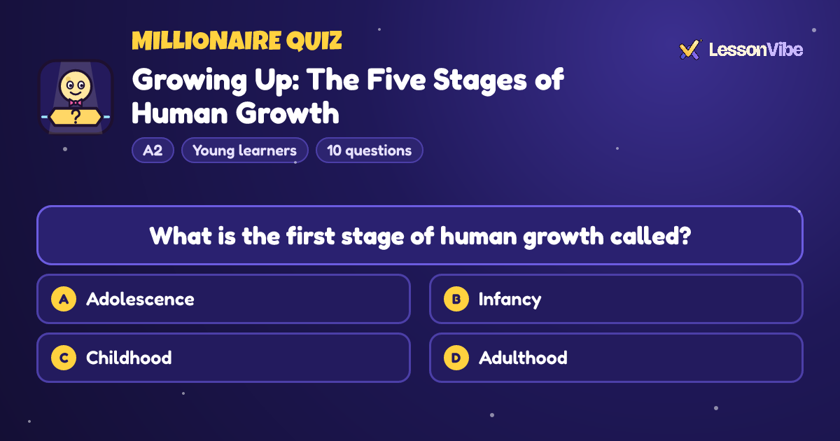 Millionaire Quiz: Growing Up: The Five Stages of Human Growth (A2, Young learners, 10 questions)