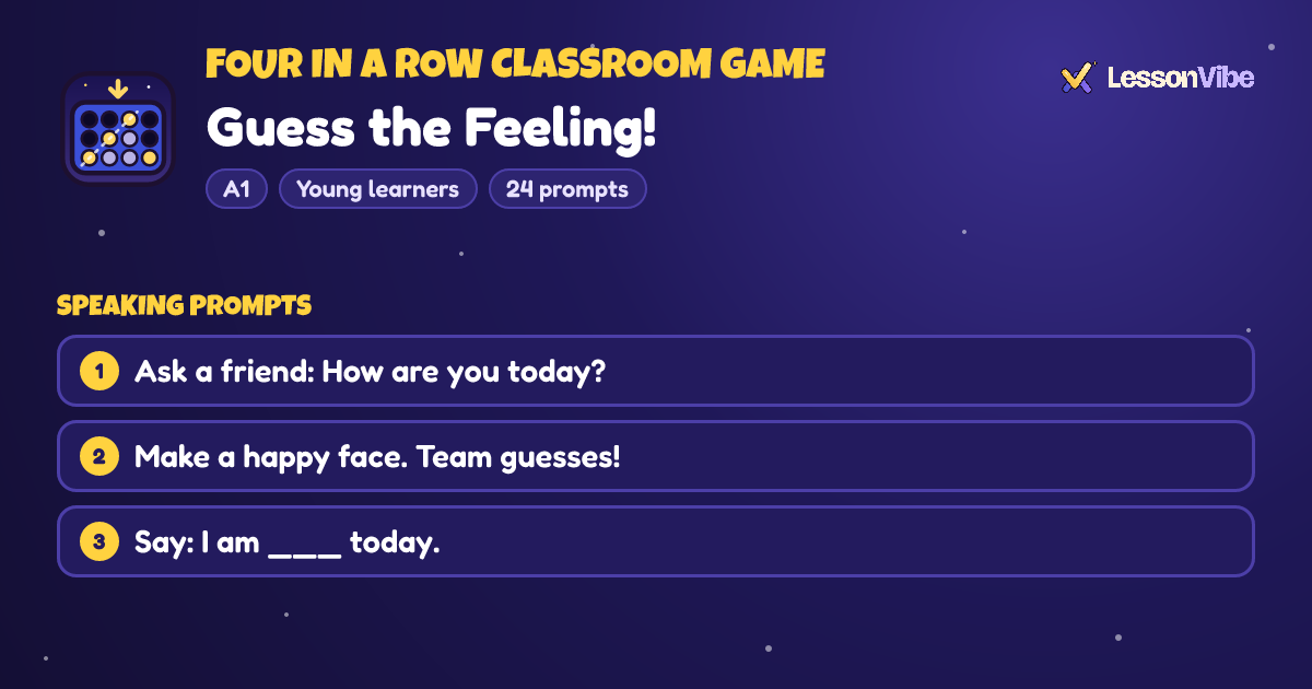 Four in a Row Classroom Game: Guess the Feeling! (A1, Young learners, 24 prompts)