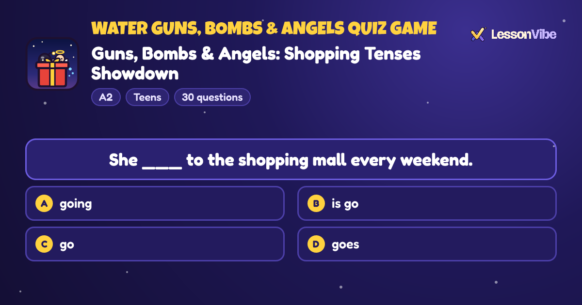 Water Guns, Bombs & Angels Quiz Game: Guns, Bombs & Angels: Shopping Tenses Showdown (A2, Teens, 30 questions)