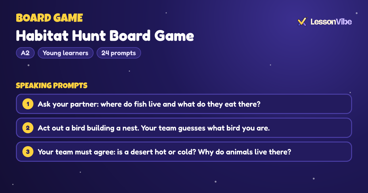 Board Game: Habitat Hunt Board Game (A2, Young learners, 24 prompts)