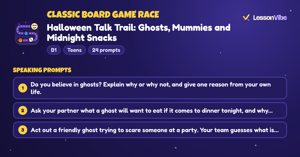 Classic Board Game Race: Halloween Talk Trail: Ghosts, Mummies and Midnight Snacks (B1, Teens, 24 prompts)