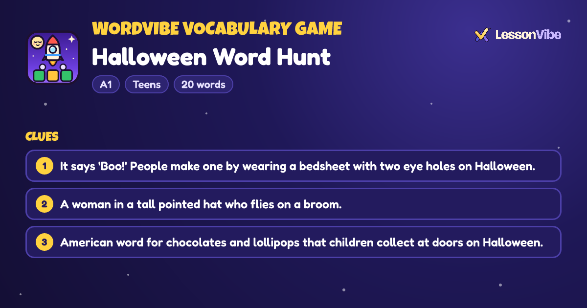 WordVibe Vocabulary Game: Halloween Word Hunt (A1, Teens, 20 words)