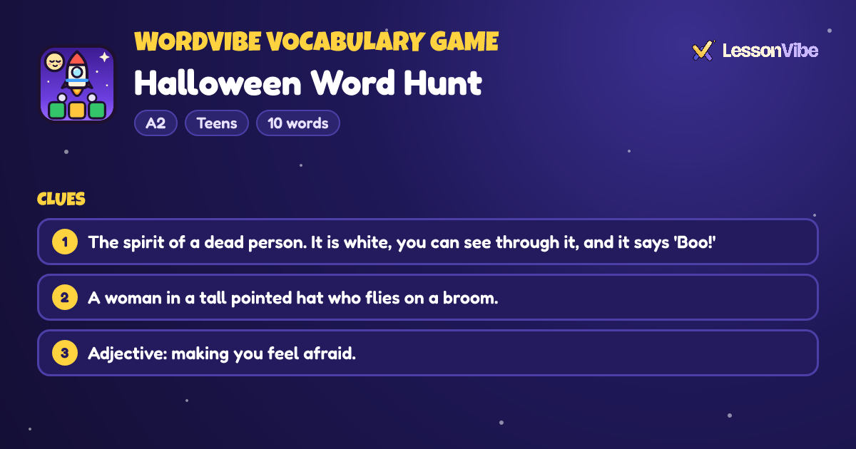 WordVibe Vocabulary Game: Halloween Word Hunt (A2, Teens, 10 words)