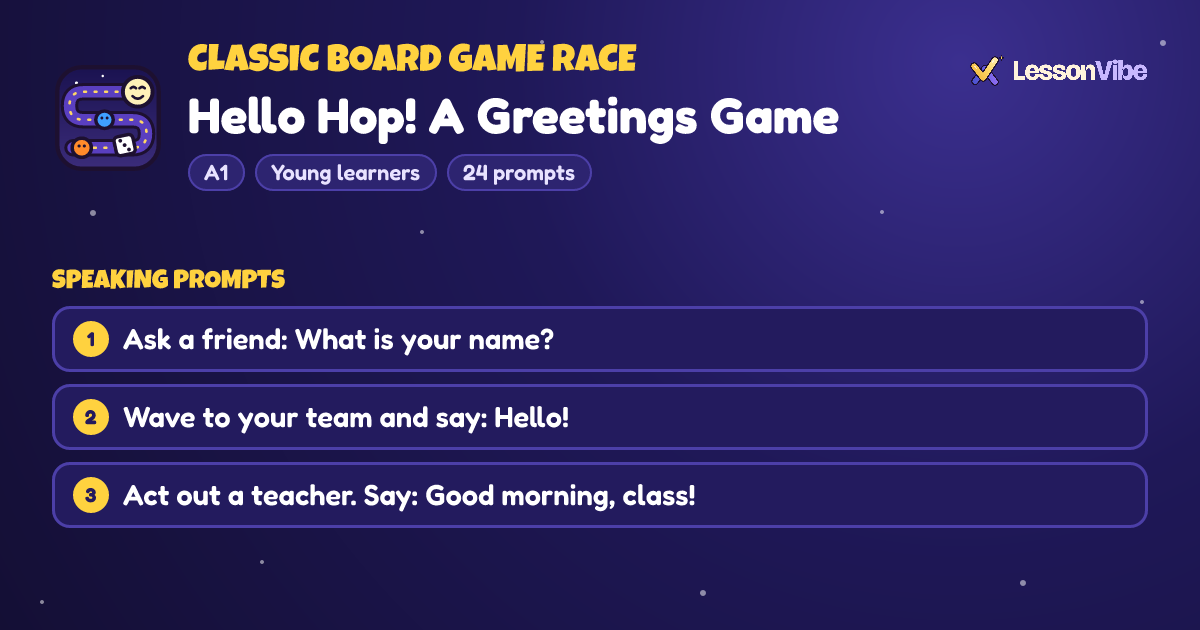 Classic Board Game Race: Hello Hop! A Greetings Game (A1, Young learners, 24 prompts)