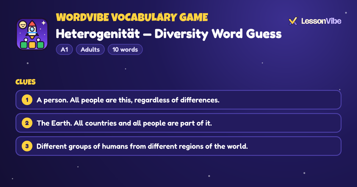 WordVibe Vocabulary Game: Heterogenität — Diversity Word Guess (A1, Adults, 10 words)
