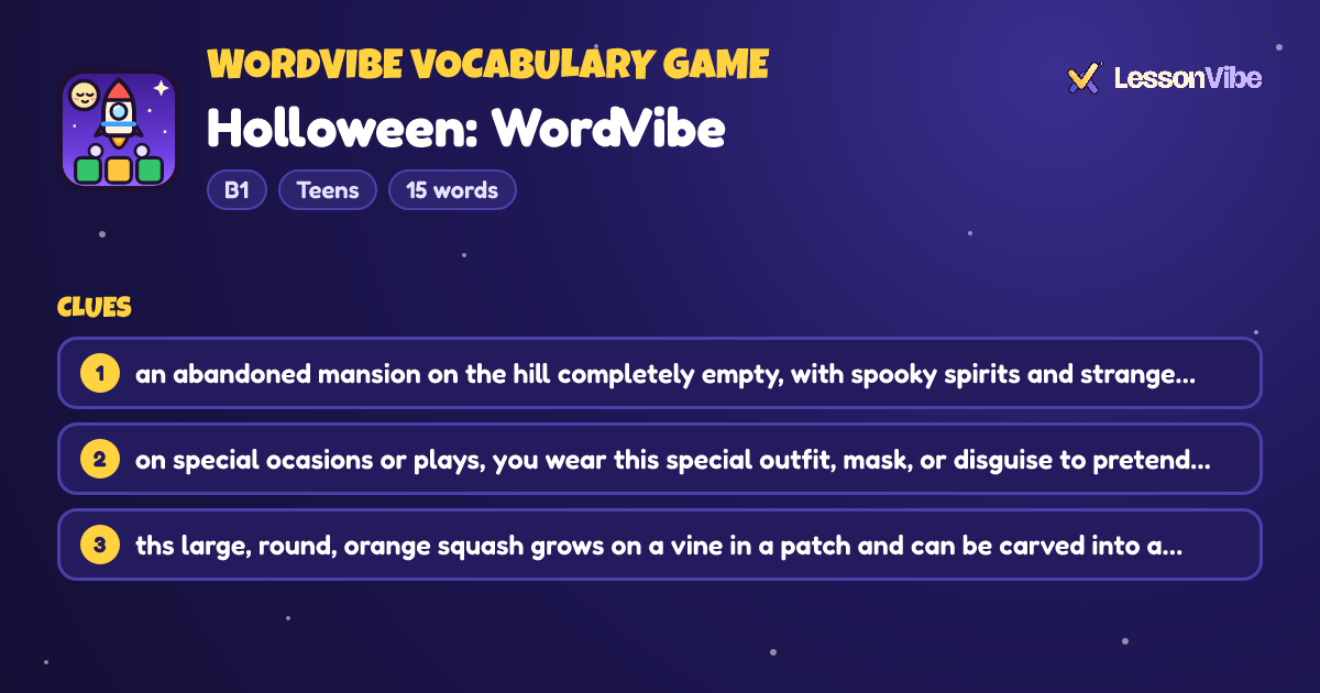 WordVibe Vocabulary Game: Holloween: WordVibe (B1, Teens, 15 words)