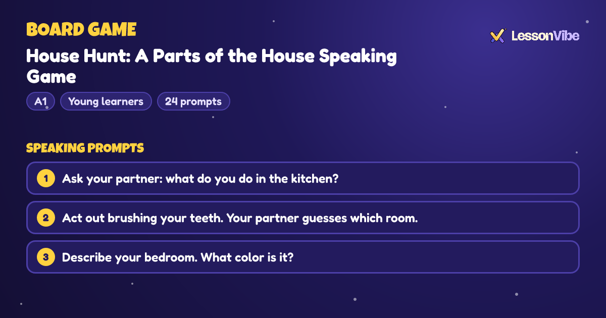 Board Game: House Hunt: A Parts of the House Speaking Game (A1, Young learners, 24 prompts)