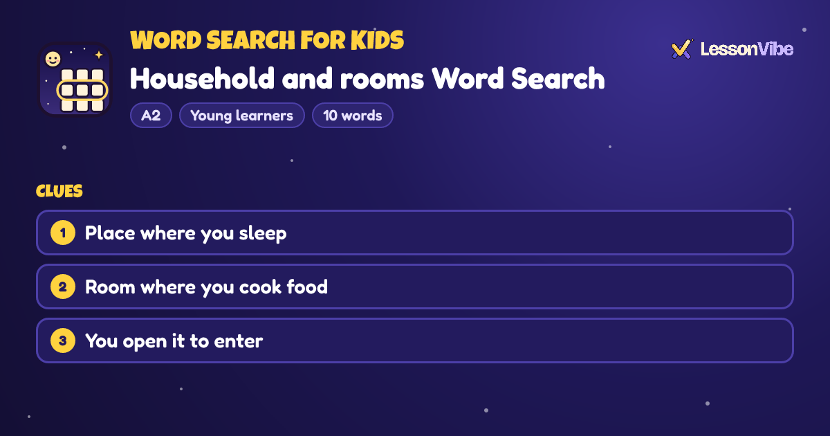 Word Search for Kids: Household and rooms Word Search (A2, Young learners, 10 words)