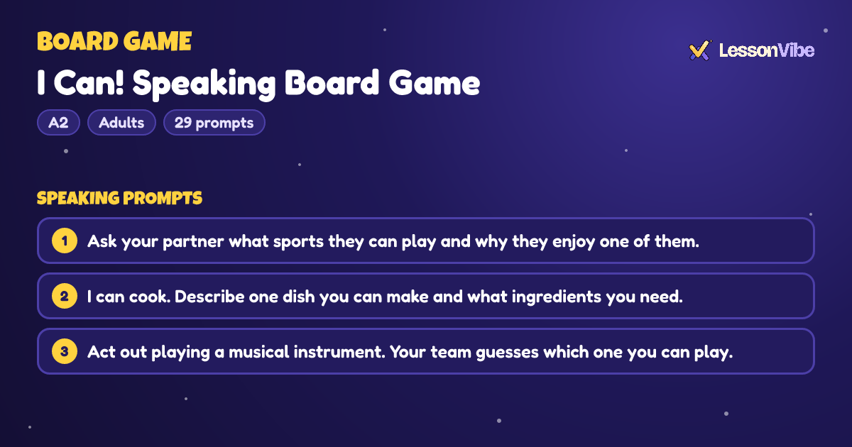 Board Game: I Can! Speaking Board Game (A2, Adults, 29 prompts)