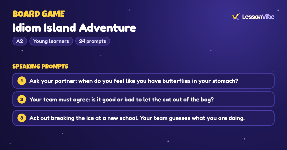 Board Game: Idiom Island Adventure (A2, Young learners, 24 prompts)