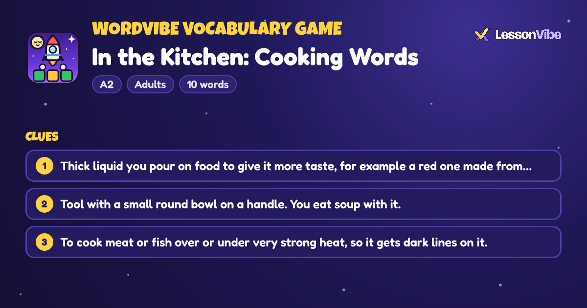 WordVibe Vocabulary Game: In the Kitchen: Cooking Words (A2, Adults, 10 words)