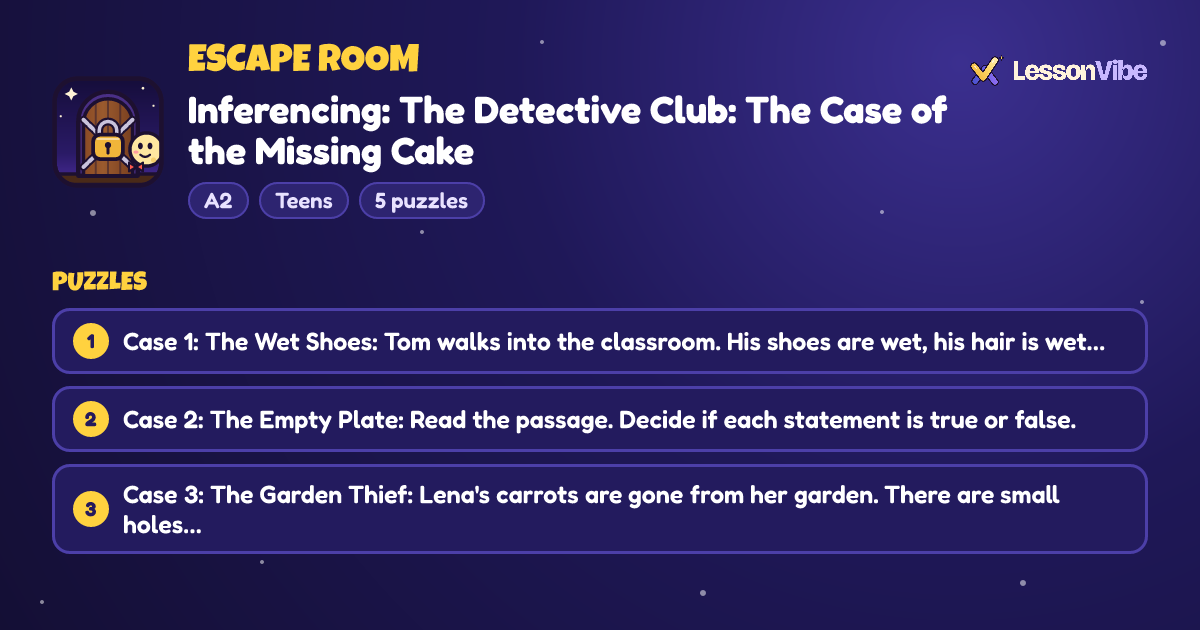 Escape Room: Inferencing: The Detective Club: The Case of the Missing Cake (A2, Teens, 5 puzzles)