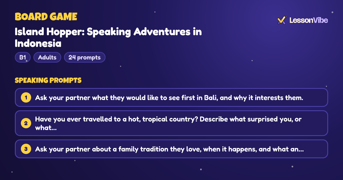 Board Game: Island Hopper: Speaking Adventures in Indonesia (B1, Adults, 24 prompts)