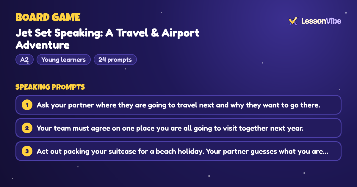Board Game: Jet Set Speaking: A Travel & Airport Adventure (A2, Young learners, 24 prompts)