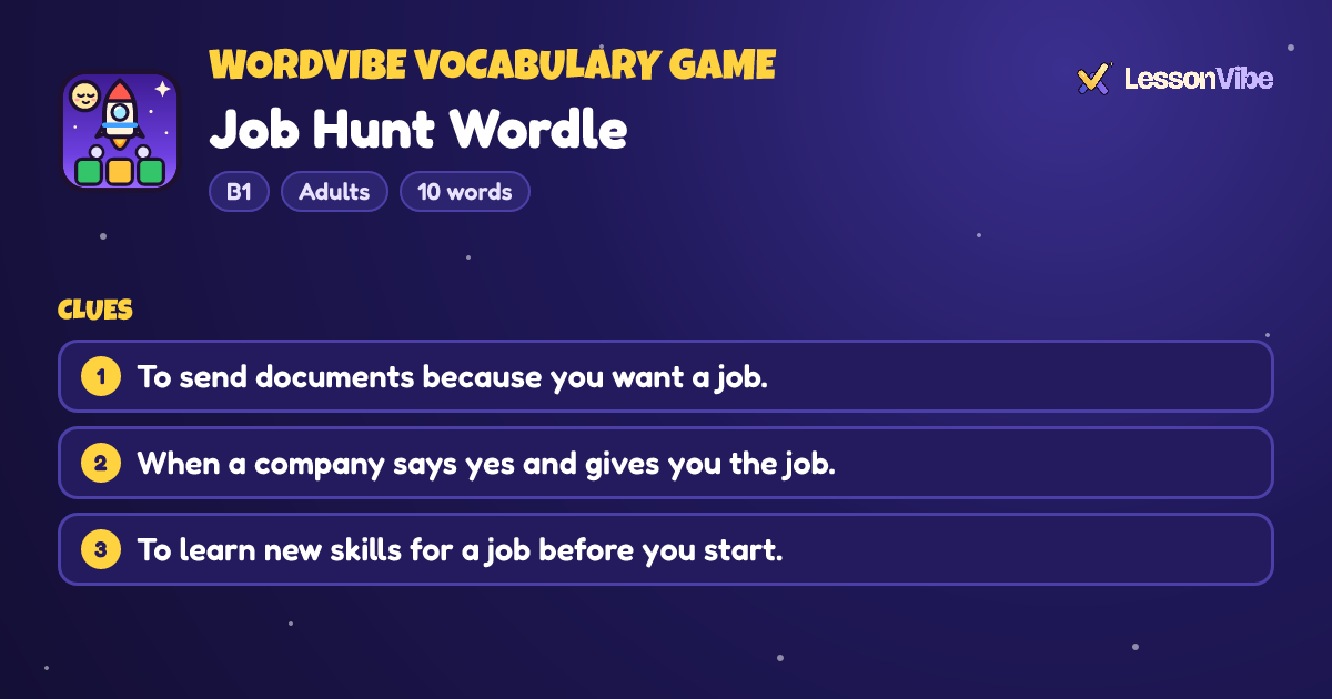 WordVibe Vocabulary Game: Job Hunt Wordle (B1, Adults, 10 words)