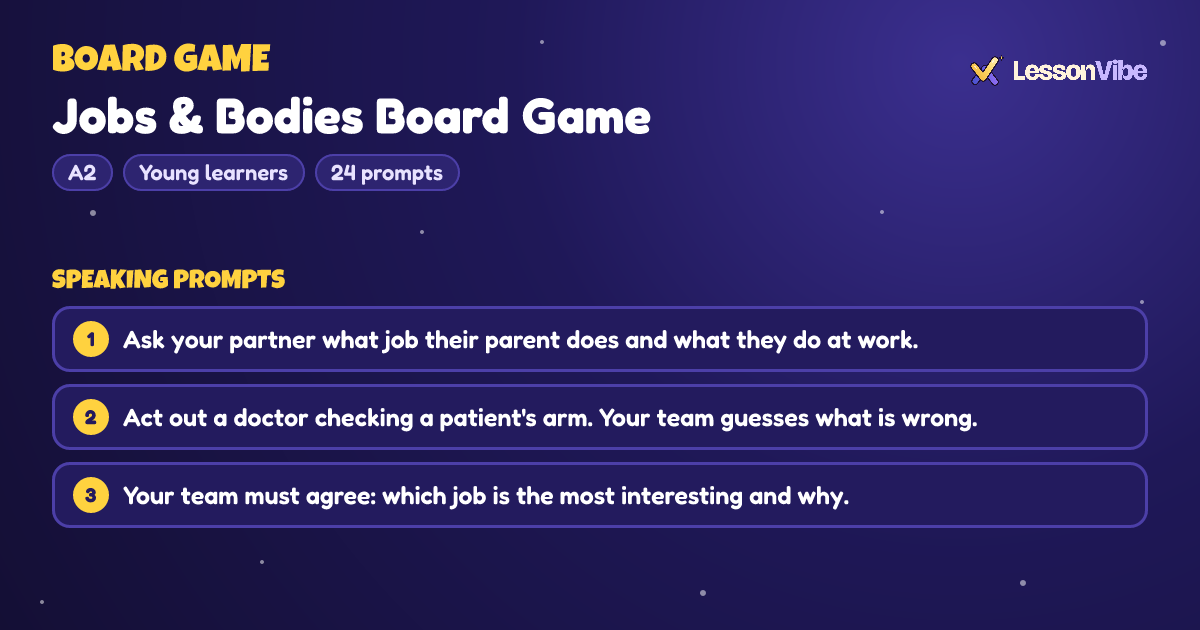 Board Game: Jobs & Bodies Board Game (A2, Young learners, 24 prompts)