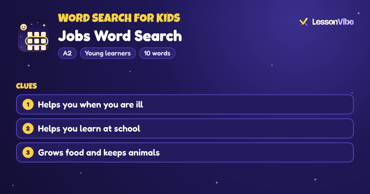 Word Search for Kids: Jobs Word Search (A2, Young learners, 10 words)
