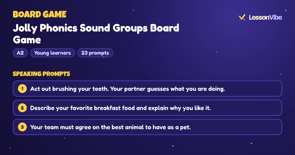 Board Game: Jolly Phonics Sound Groups Board Game (A2, Young learners, 23 prompts)