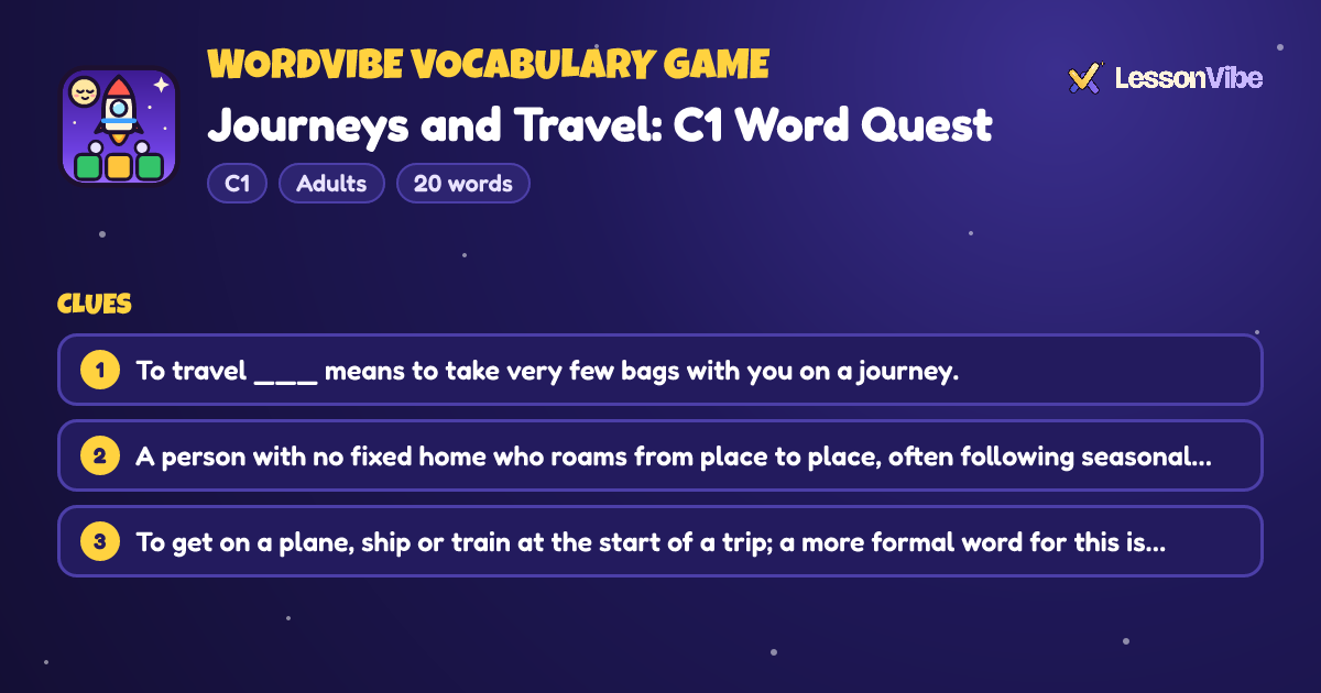 WordVibe Vocabulary Game: Journeys and Travel: C1 Word Quest (C1, Adults, 20 words)