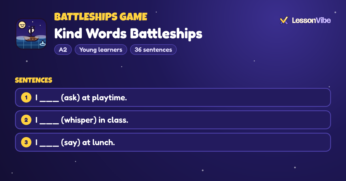 Battleships Game: Kind Words Battleships (A2, Young learners, 36 sentences)