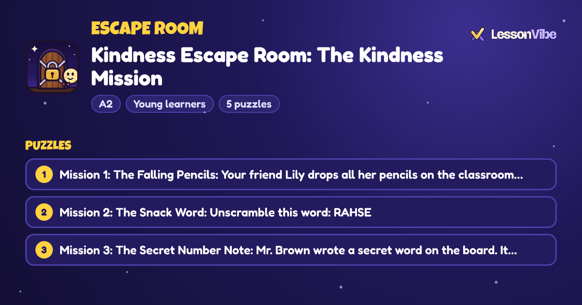 Escape Room: Kindness Escape Room: The Kindness Mission (A2, Young learners, 5 puzzles)