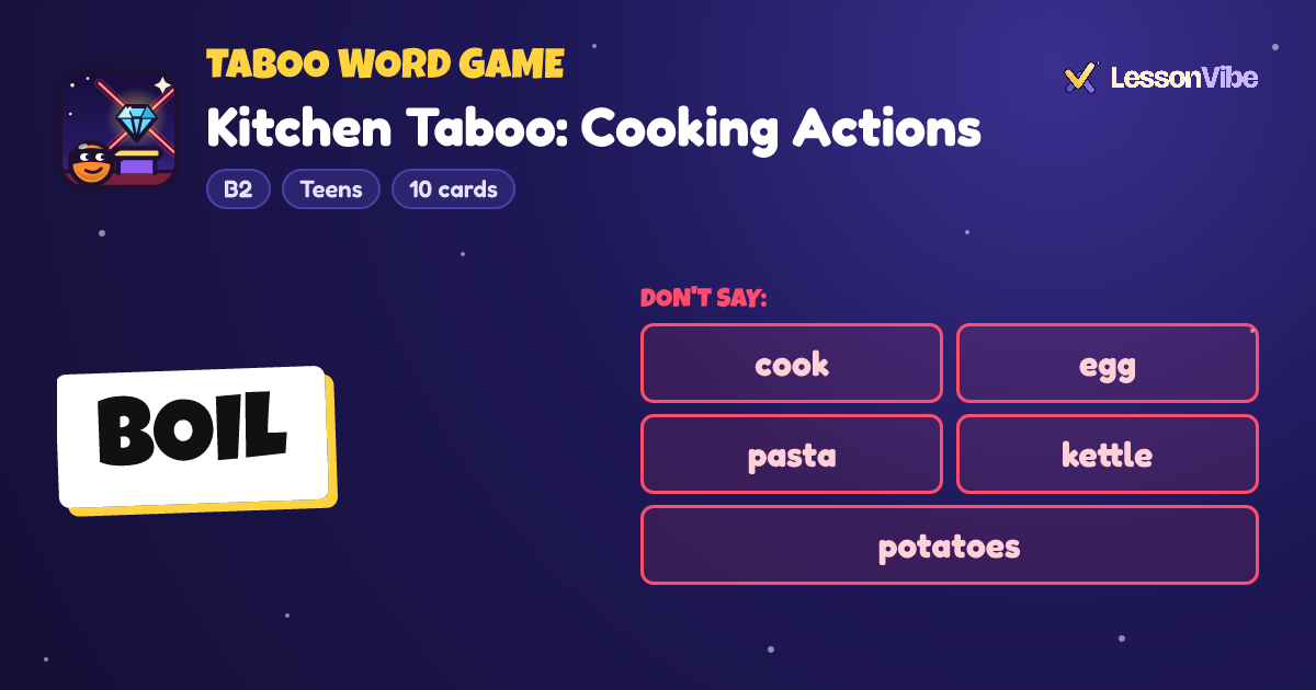 Taboo Word Game: Kitchen Taboo: Cooking Actions (B2, Teens, 10 cards)