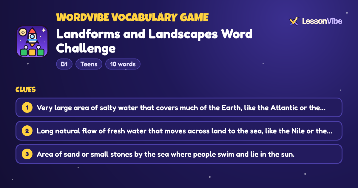 WordVibe Vocabulary Game: Landforms and Landscapes Word Challenge (B1, Teens, 10 words)