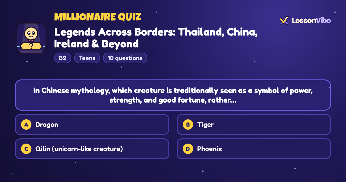 Millionaire Quiz: Legends Across Borders: Thailand, China, Ireland & Beyond (B2, Teens, 10 questions)