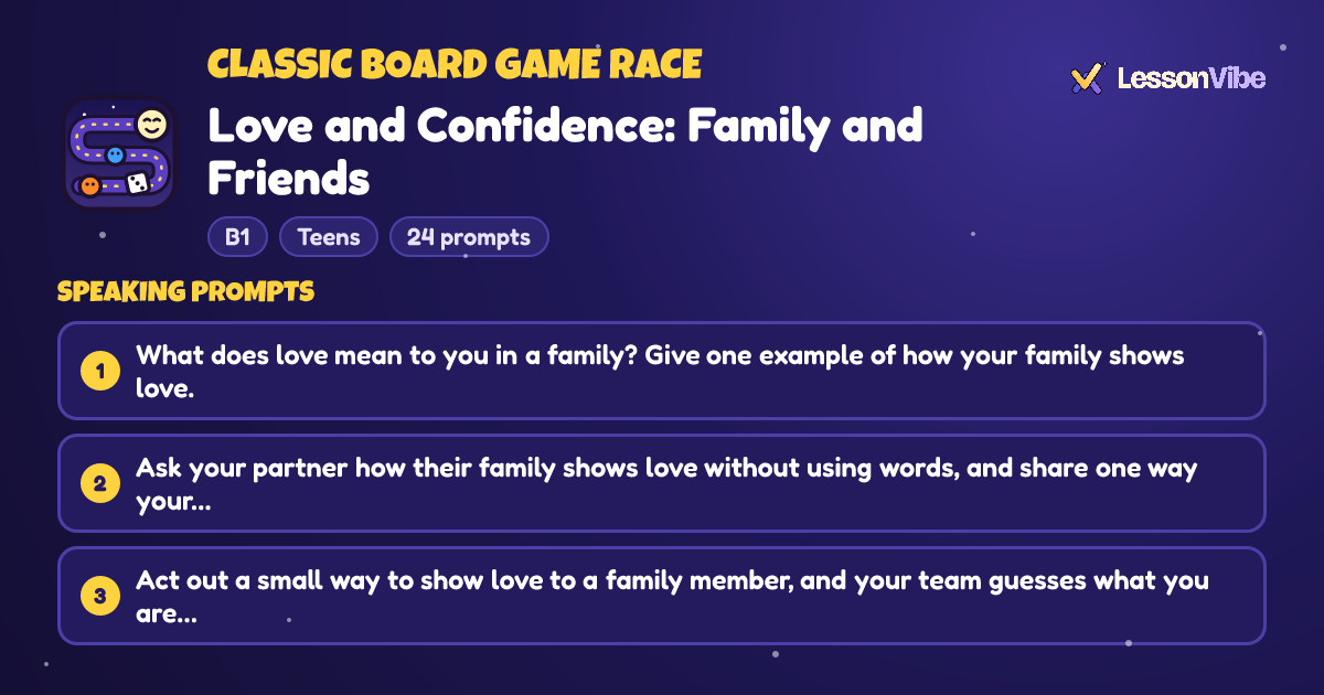 Classic Board Game Race: Love and Confidence: Family and Friends (B1, Teens, 24 prompts)