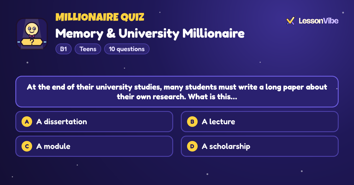 Millionaire Quiz: Memory & University Millionaire (B1, Teens, 10 questions)