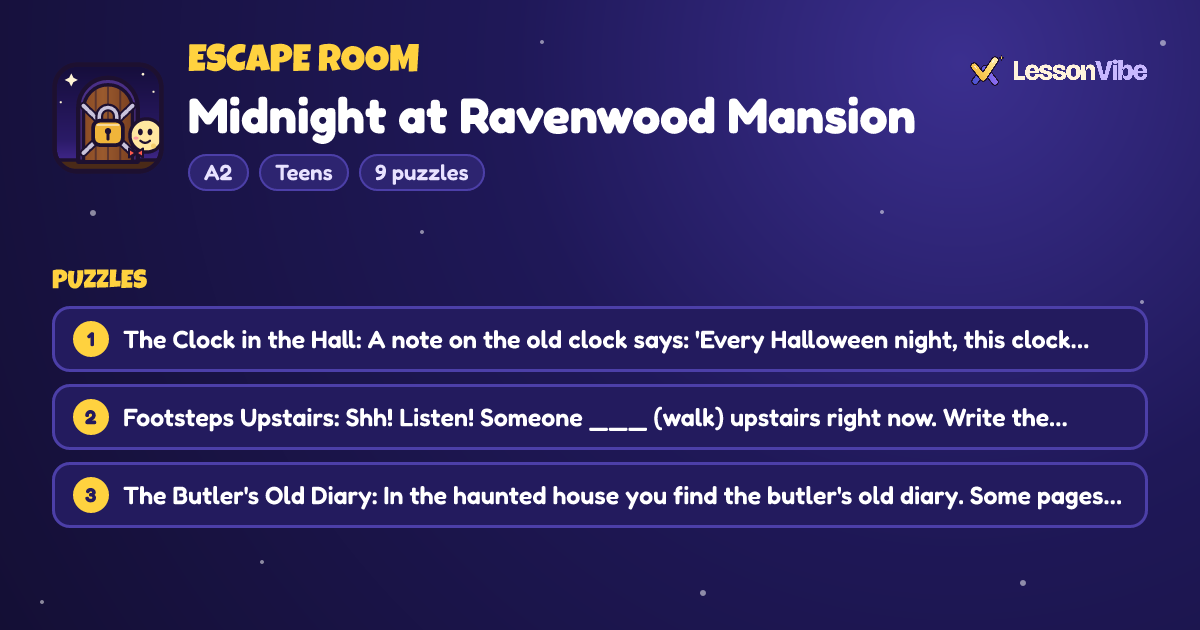 Escape Room: Midnight at Ravenwood Mansion (A2, Teens, 9 puzzles)