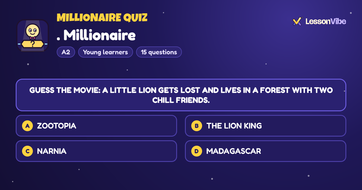 Millionaire Quiz: . Millionaire (A2, Young learners, 15 questions)