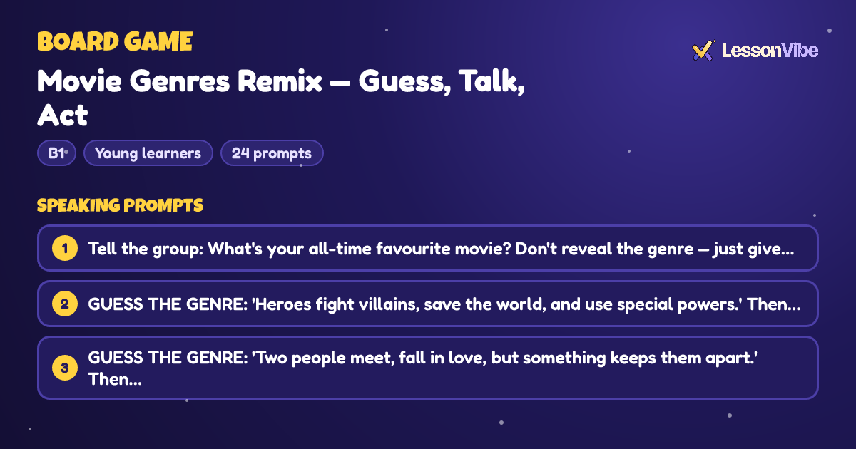 Board Game: Movie Genres Remix — Guess, Talk, Act (B1, Young learners, 24 prompts)