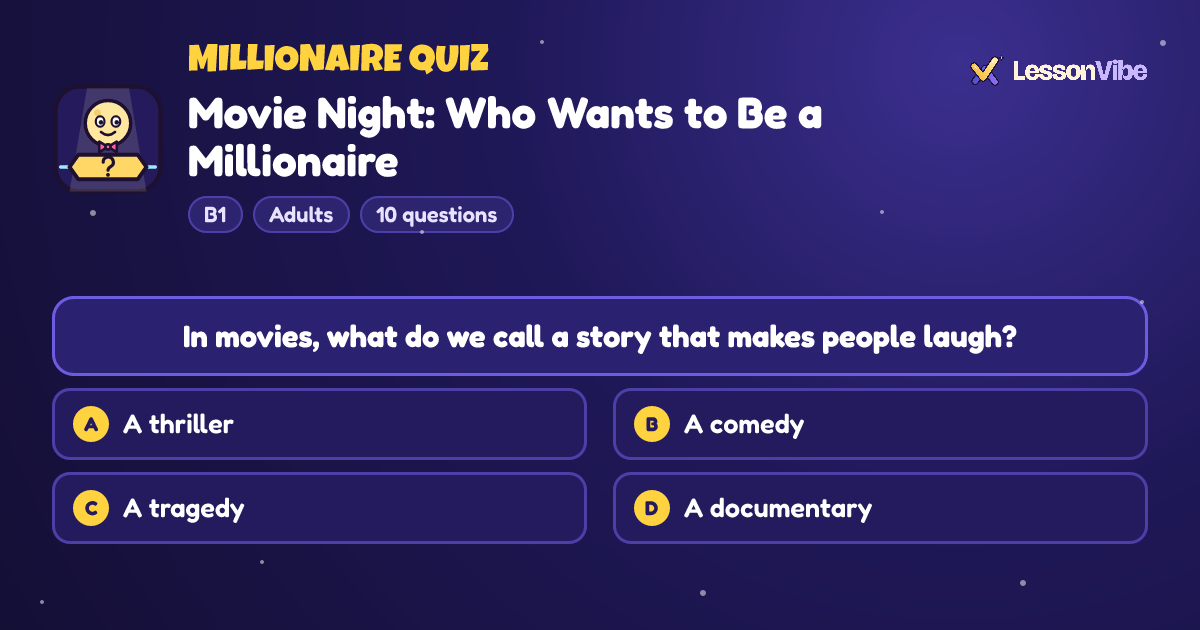 Millionaire Quiz: Movie Night: Who Wants to Be a Millionaire (B1, Adults, 10 questions)
