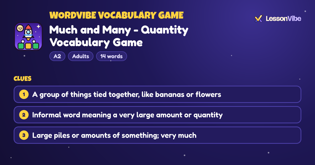 WordVibe Vocabulary Game: Much and Many - Quantity Vocabulary Game (A2, Adults, 14 words)