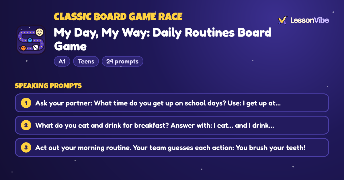 Classic Board Game Race: My Day, My Way: Daily Routines Board Game (A1, Teens, 24 prompts)