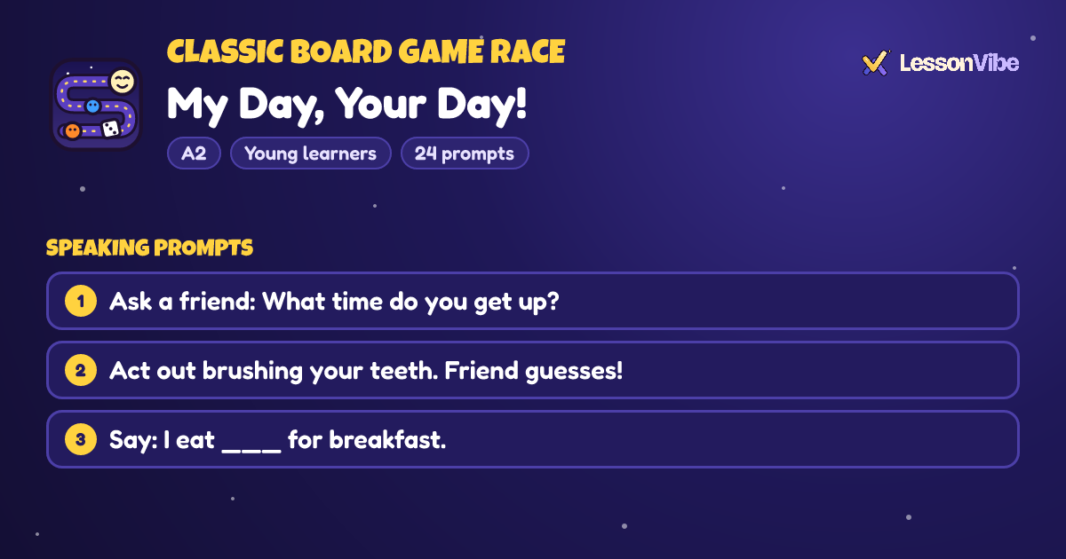 Classic Board Game Race: My Day, Your Day! (A2, Young learners, 24 prompts)