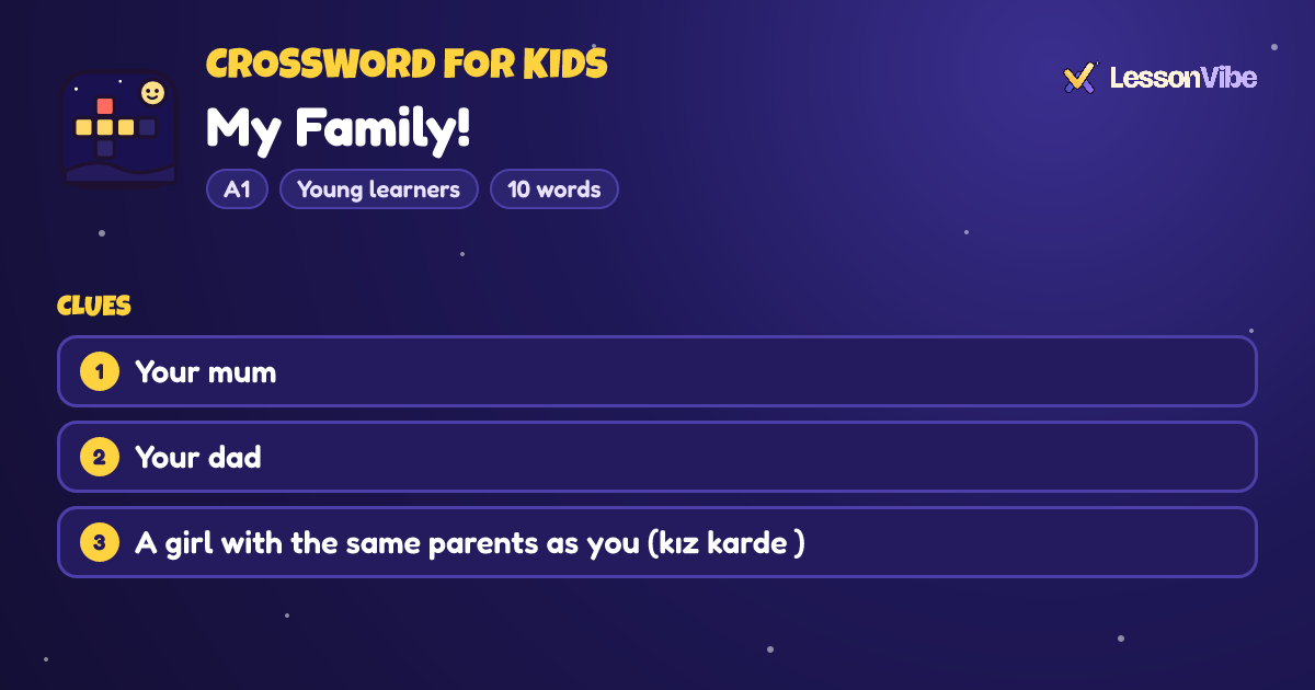 Crossword for Kids: My Family! (A1, Young learners, 10 words)